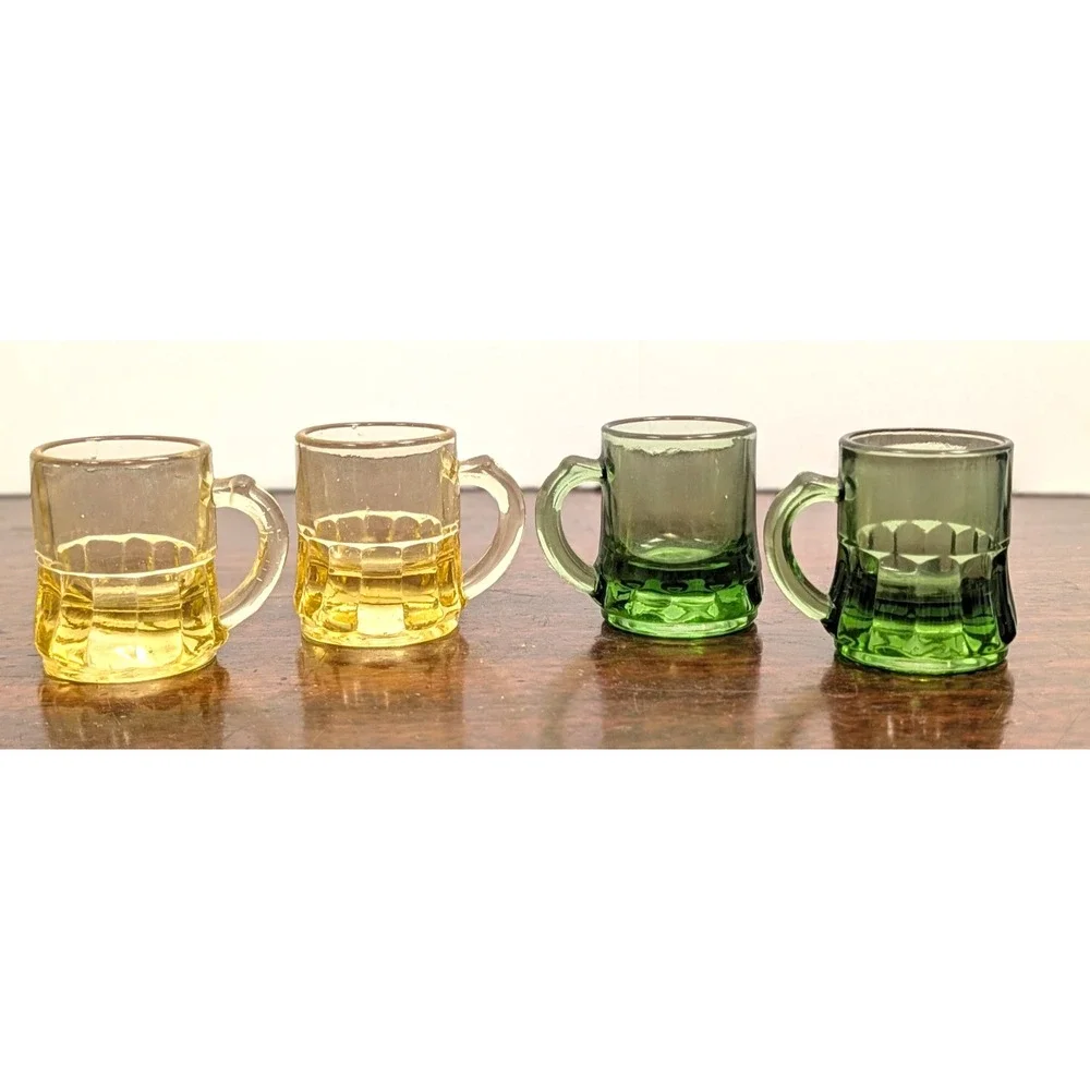 Vintage Federal Glass Mini Beer Mug Shot Glasses Set 4 Amber Green MCM Barware